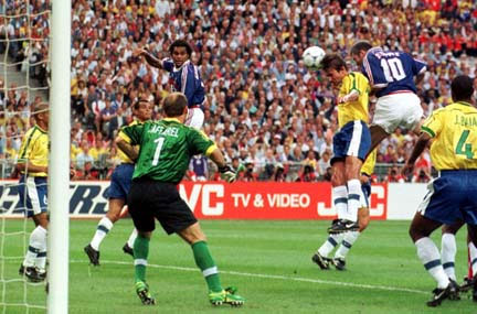 France's Zinedine Zidane (10) gets free for a header that resulted in the first goal of the World Cup championship game on Sunday, July 12, in Paris. Although Zidane scored again later in the game, that goal was all the French needed to win as they beat the defending champs 3-0 to claim their first World Cup.